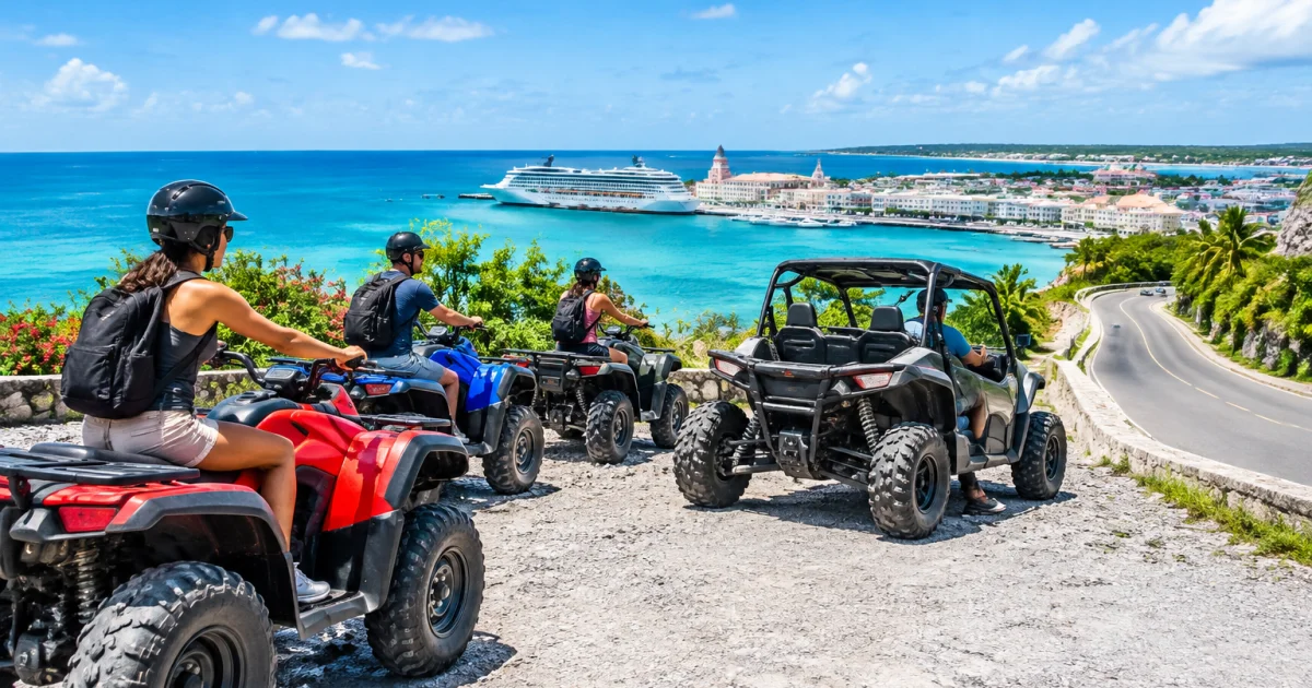 Buggy and ATVs at a Nassau overlook illustrating a half-day adventure tour plan near the cruise port