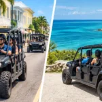 Split image showing a guided buggy tour in Nassau and a self-drive buggy stopped at a coastal viewpoint
