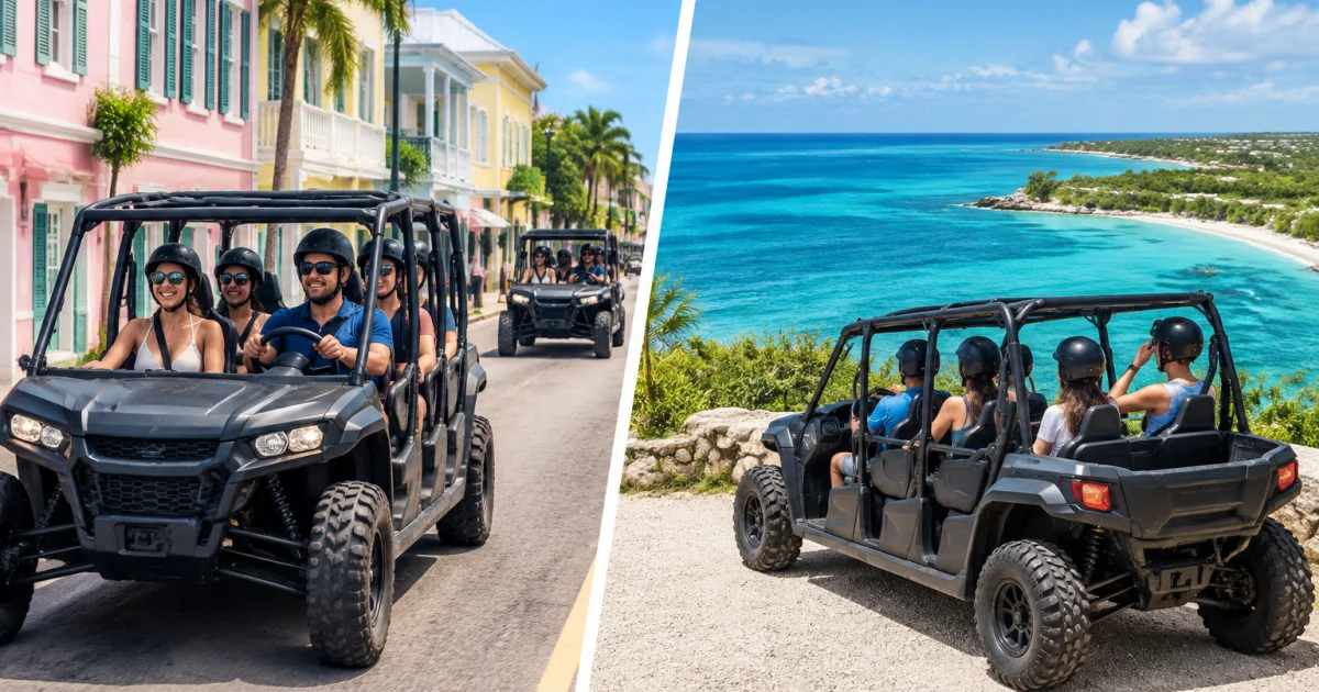 Split image showing a guided buggy tour in Nassau and a self-drive buggy stopped at a coastal viewpoint