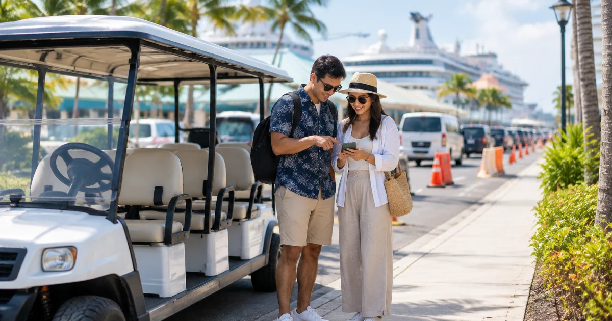 Tour buggy staging near the Nassau cruise port to illustrate pickup and traffic considerations for private tours